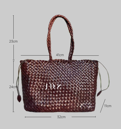 Eva - Retro Handmade Genuine Cowhide Woven Leather Tote Bag - Spacious Design