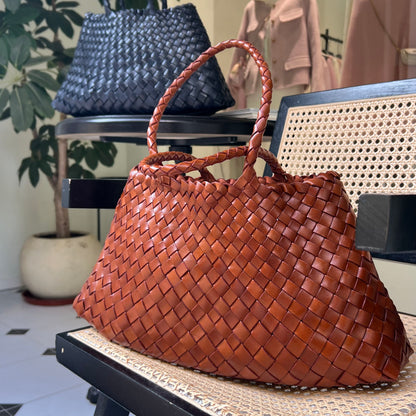 Mila - Retro Handwoven Genuine Cowhide Leather Tote Bag with Long Handle