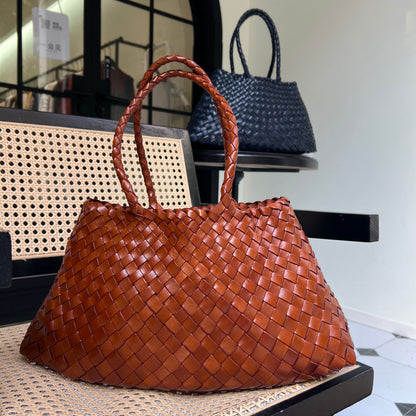 Mila - Retro Handwoven Genuine Cowhide Leather Tote Bag with Long Handle
