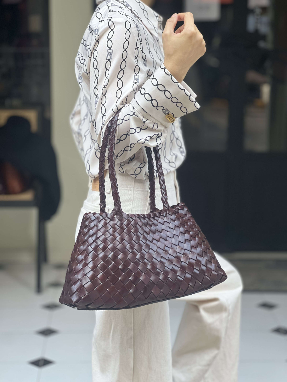 Mila medium- Retro Handwoven Genuine Cowhide Leather Tote Bag with Long Handle