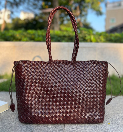 Eva - Retro Handmade Genuine Cowhide Woven Leather Tote Bag - Spacious Design